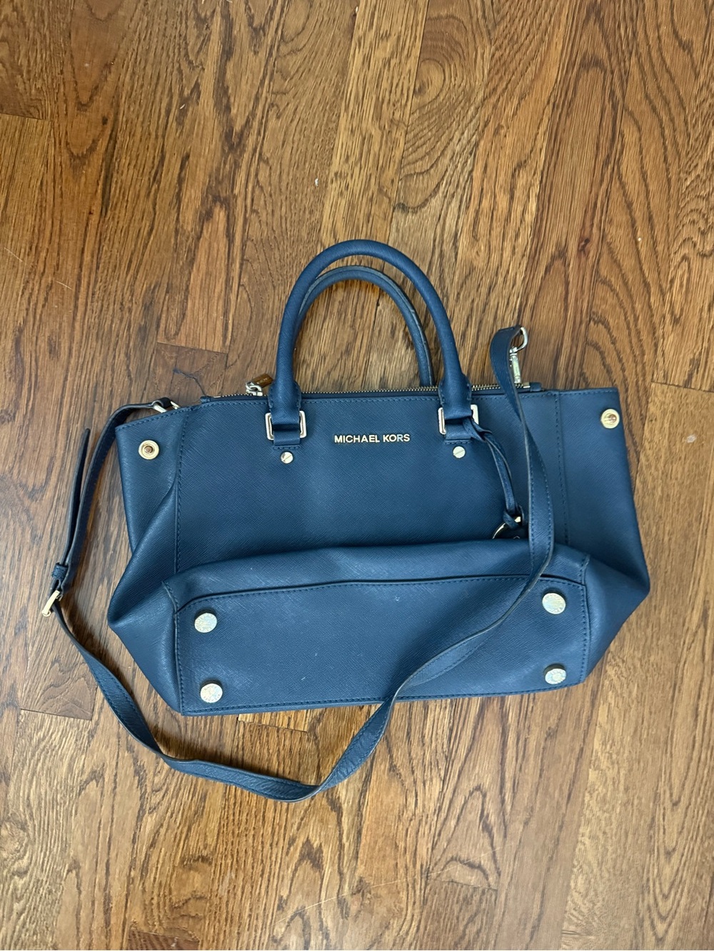 Michael Kors Dark Blue Leather Satchel with Gold Hardware